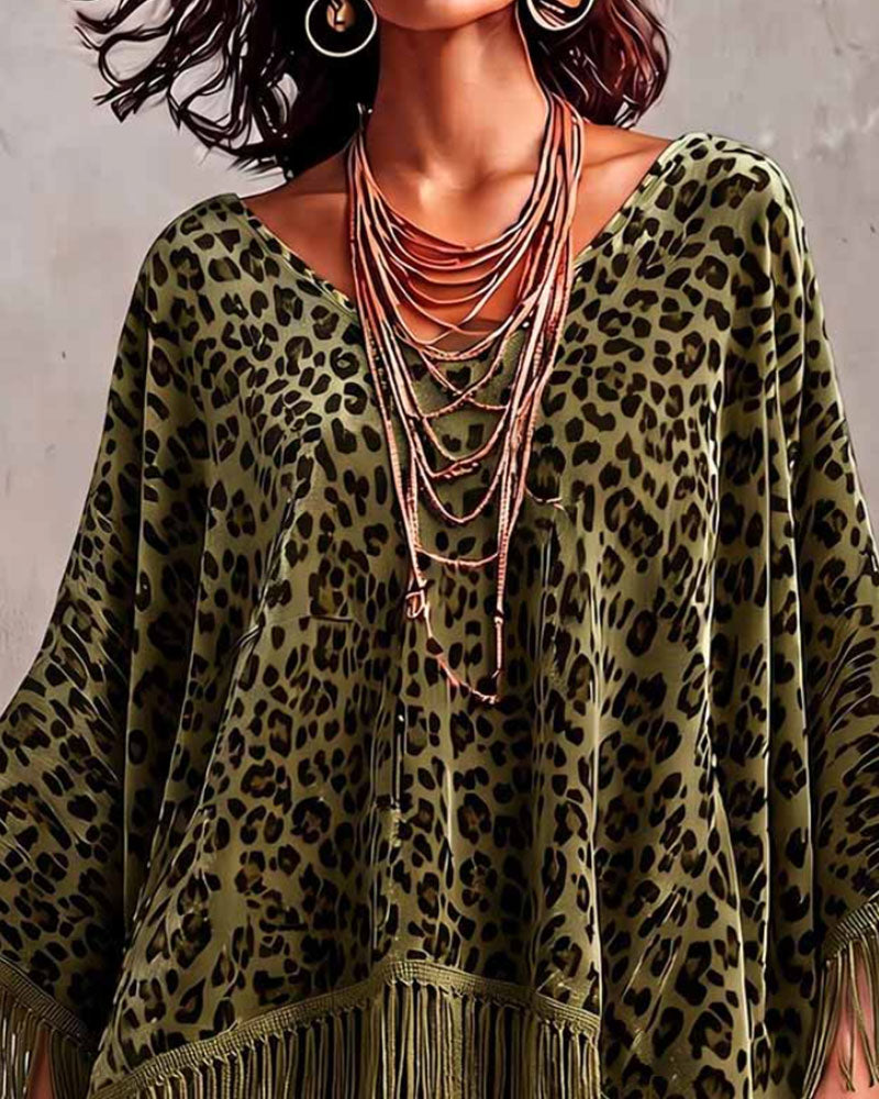 Batwing Fringe Leopard Print Loose Velvet Blouse 2024 f/w blouses & shirts