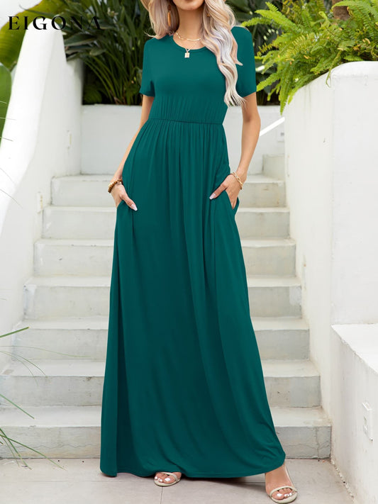 Round Neck Short Sleeve Maxi Dress with Pockets Deep Teal casual dress casual dresses clothes dress dresses maxi dress Putica Ship From Overseas Shipping Delay 09/29/2023 - 10/04/2023