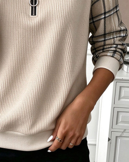 Round Neck Zipper Plaid Sweatshirt