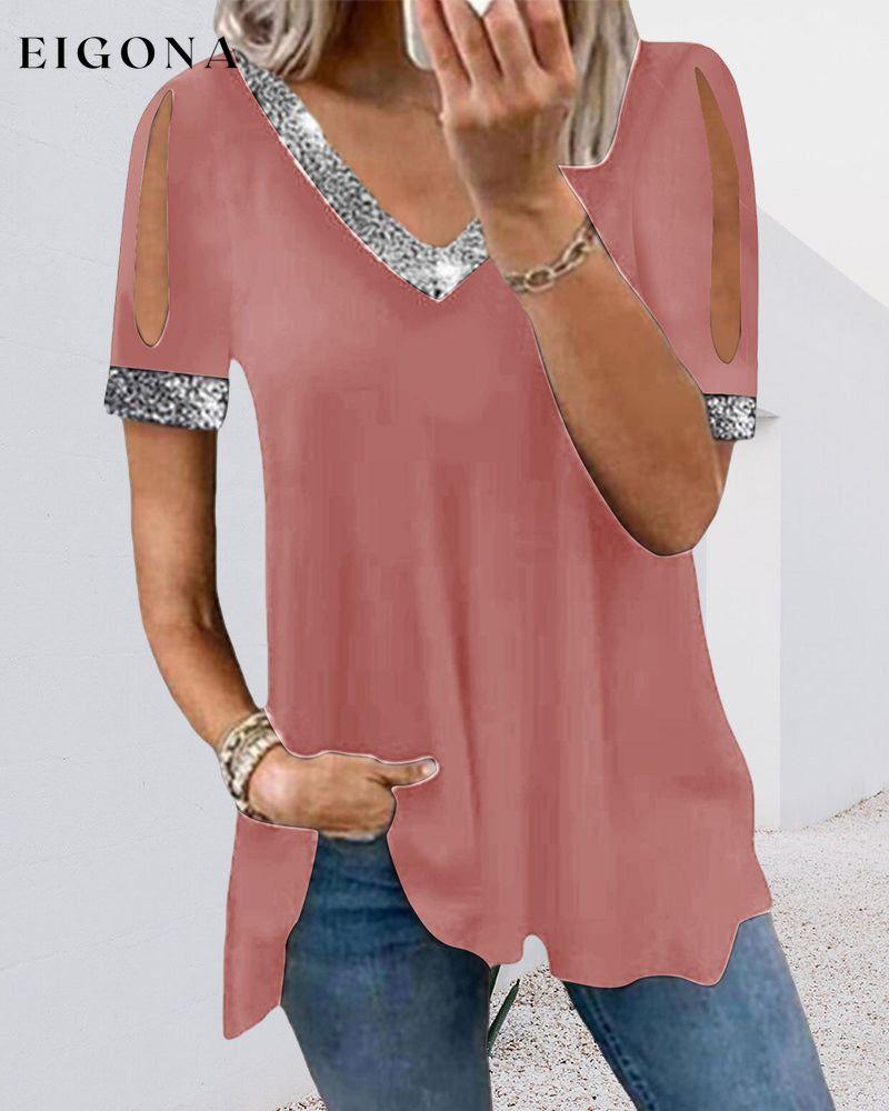 Solid V neck t-shirt Pink 23BF clothes Short Sleeve Tops T-shirts Tops/Blouses