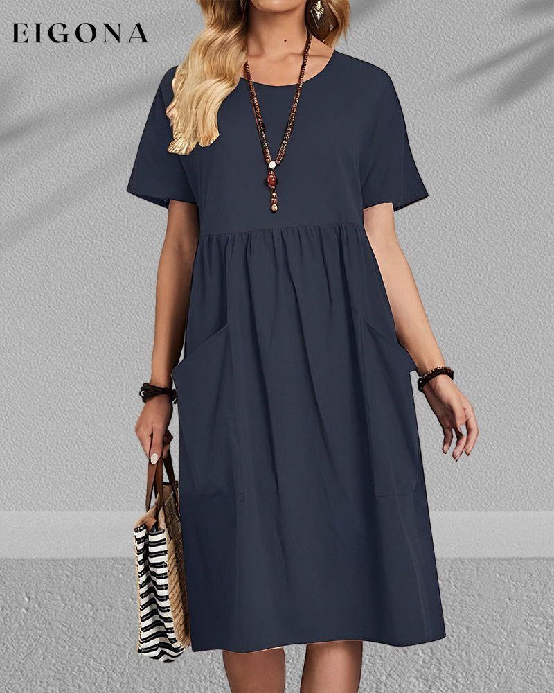 Round neck pleated short sleeve dress 23BF Casual Dresses Clothes Cotton and Linen Dresses Spring Summer