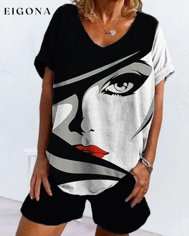 Short Sleeve Set in Figure Print 23BF clothes Short Sleeve Tops T-shirts Tops/Blouses Two-piece sets