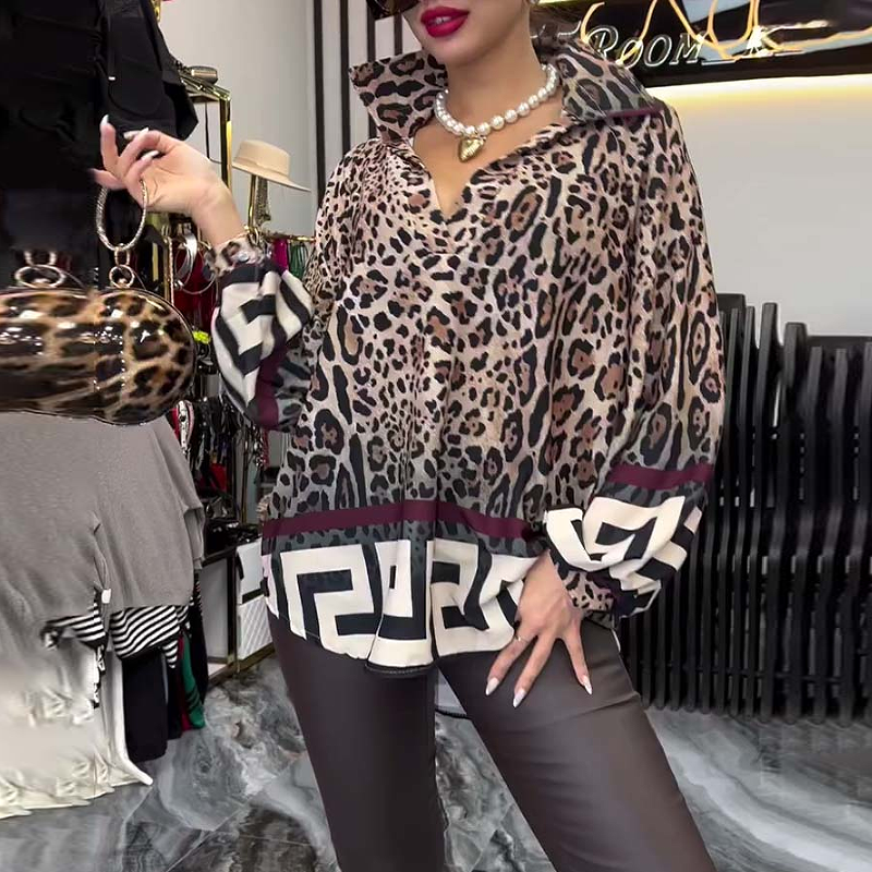 Fashion Lantern Sleeve Lapel Leopard Print Blouse