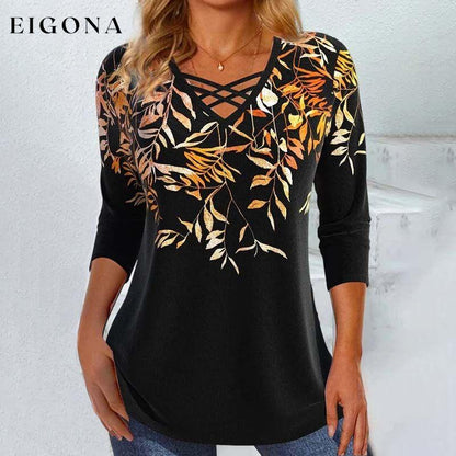 Casual Leaf Print Blouse Black best Best Sellings clothes Plus Size Sale tops Topseller