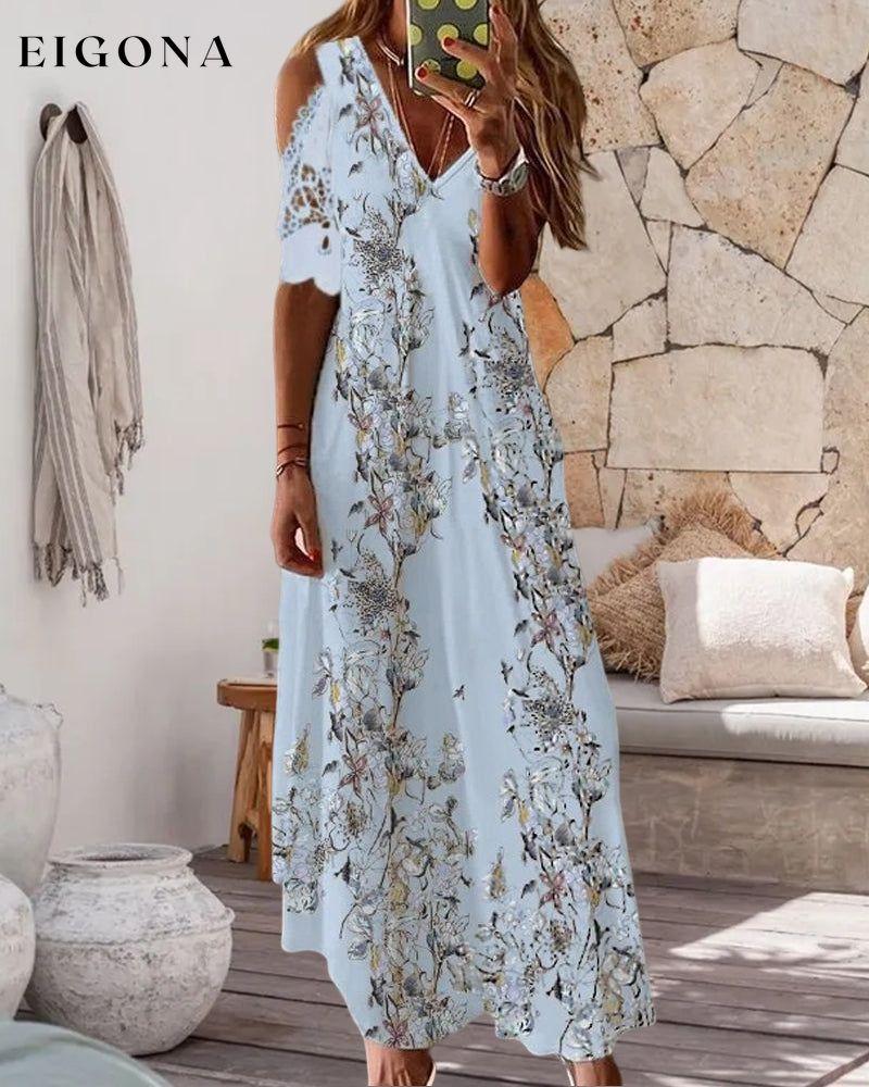 Floral Print Dress with Short Lace Sleeves 23BF Casual Dresses Clothes Dresses Spring Summer Vacation Dresses