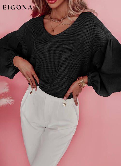 Waffle -Knit V-Neck Long Sleeve Blouse Black clothes long sleeve top Ship From Overseas shirt shirts SYNZ top tops