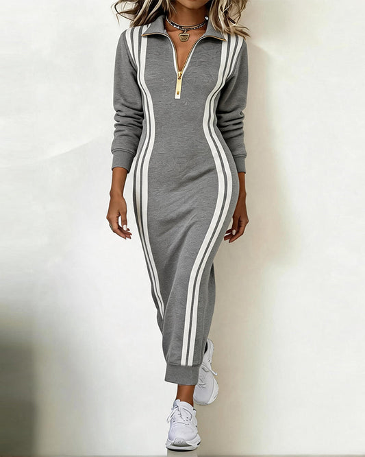 Lapel Zipper Striped Fitted Dress