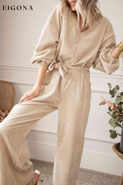 V-Neck Tie Waist Wide Leg Jumpsuit Clothes Ship From Overseas SYNZ