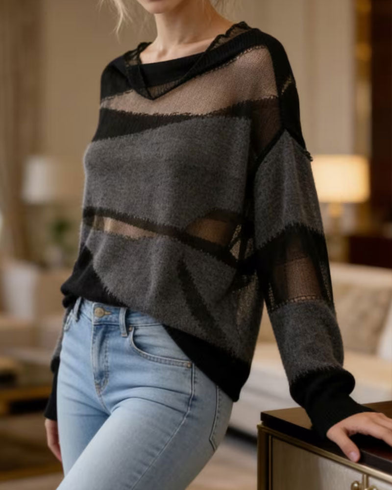 Contrast Color Sheer Long Sleeve Sweater Pullover f/w pullover summer