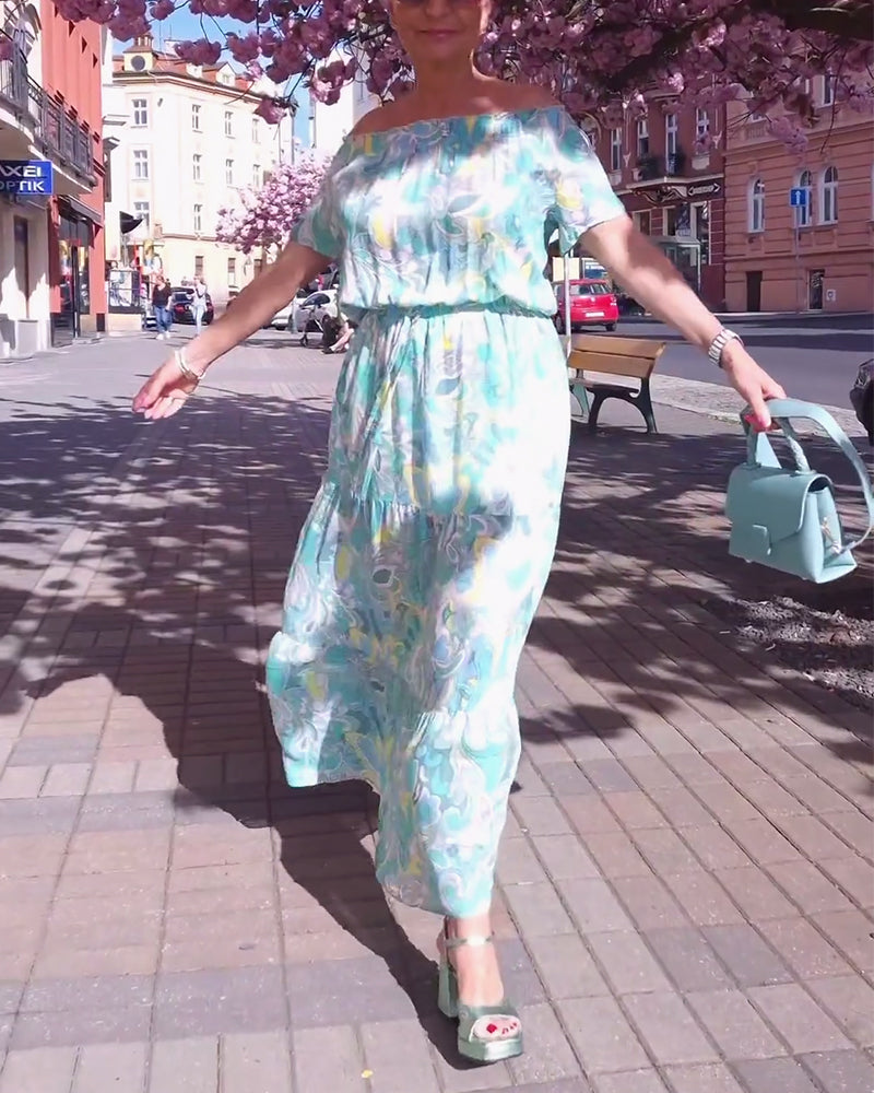 Short-sleeved round neck printed waist casual long dress casual dresses spring summer