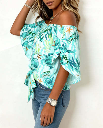 Ocean Print Off-Shoulder Tie Blouse
