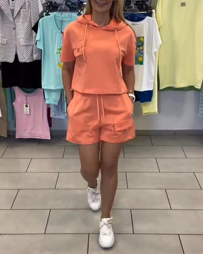 Sports Hooded Solid Color Shorts Set