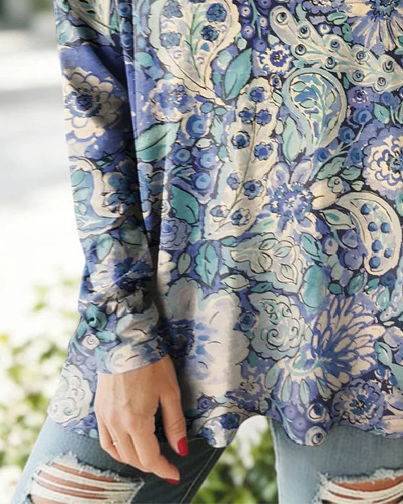 Casual Printed V-Neck Long-Sleeved Top