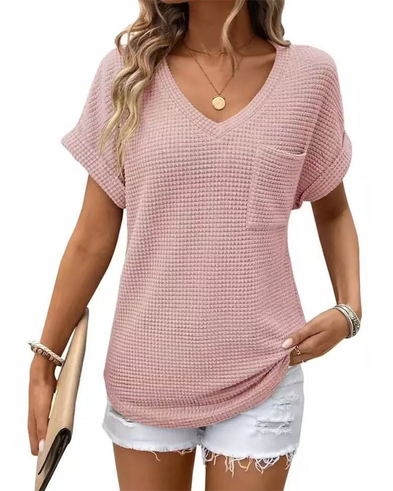Women's Waffle Knit V-Neck Casual Summer T-shirt