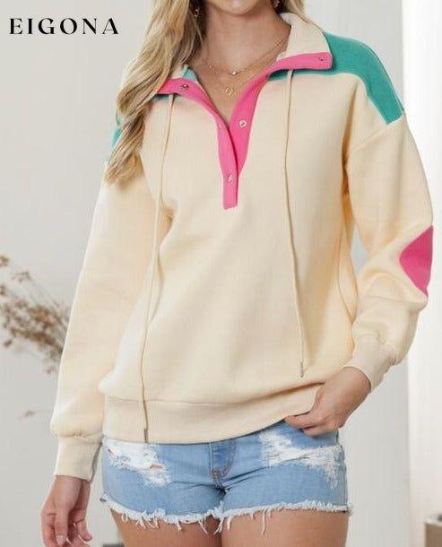Color Block Half Snap Drawstring Sweatshirt Ivory clothes Ship From Overseas SYNZ
