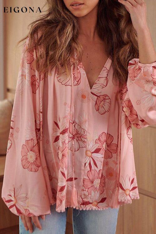 Floral Smocked Tassel Tie Balloon Sleeve Blouse Blush Pink clothes long sleeve shirt long sleeve shirts long sleeve top long sleeve tops Ship From Overseas shirt shirts SYNZ top tops
