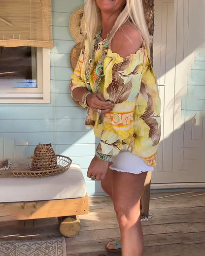 Schulterfreie Bluse mit Resort-Print