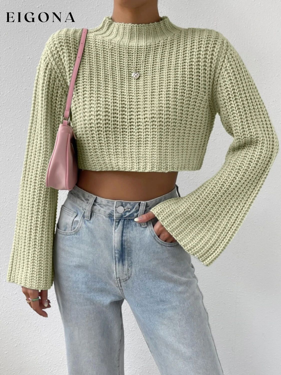 Mock Neck Long Sleeve Cropped Sweater Light Green C.J@MZ clothes crop top crop tops cropped cropped sweater cropped top croptop long sleeves Ship From Overseas shirt shirts sweater sweaters top tops turtleneck sweater