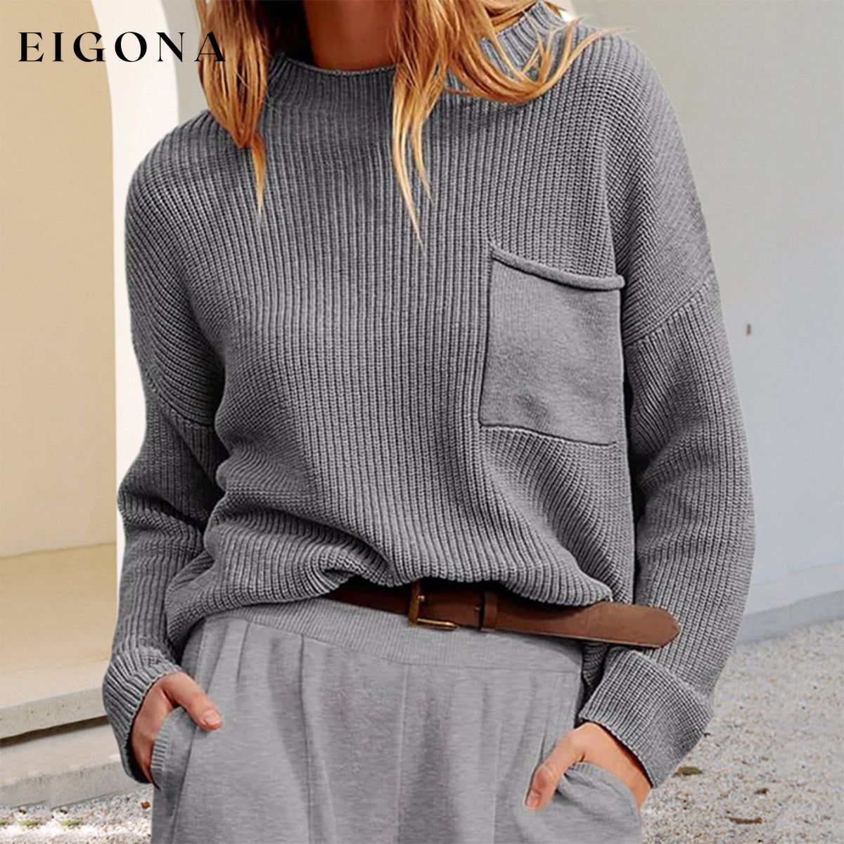 Rib-Knit Dropped Shoulder Sweater Charcoal clothes G.JI Ship From Overseas Shipping Delay 09/29/2023 - 10/04/2023 Sweater sweaters
