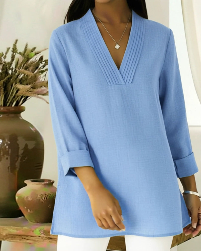 Stylish And Casual V-Neck Solid-Color Top