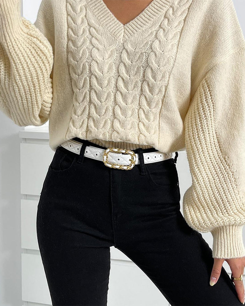 V-Neck Solid Color Cable Knit Pullover