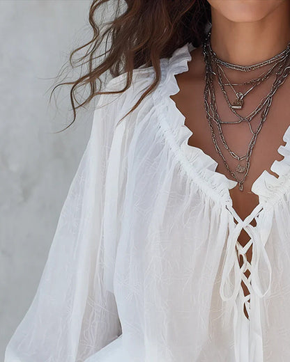 V-neck Lace Up Blouse