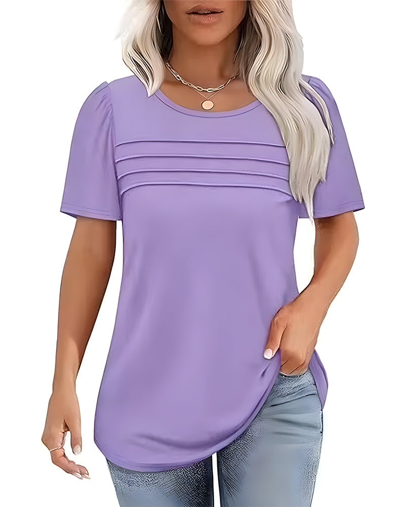 Pleated Loose Round Neck Short Sleeve T-Shirt