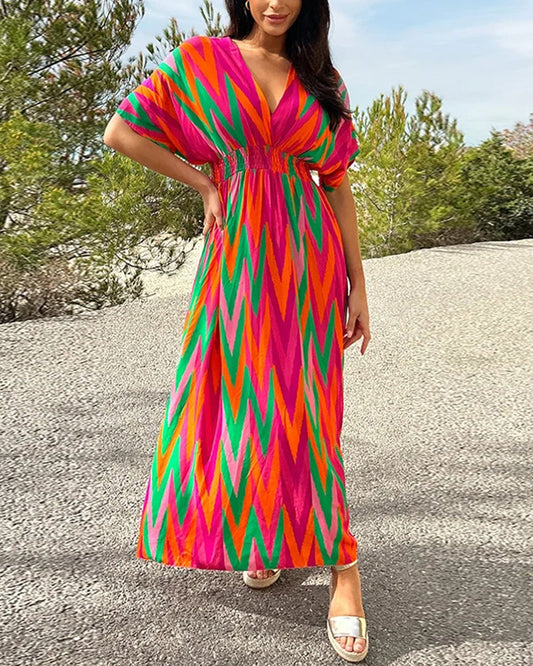 V-neck V-shaped striped print dress casual dresses summer