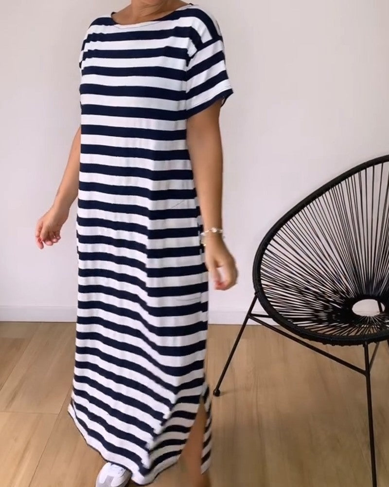 Loose Straight Striped T-Shirt Long Dress