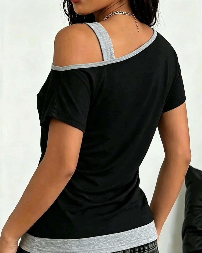 One-Shoulder Color Block Casual T-Shirt