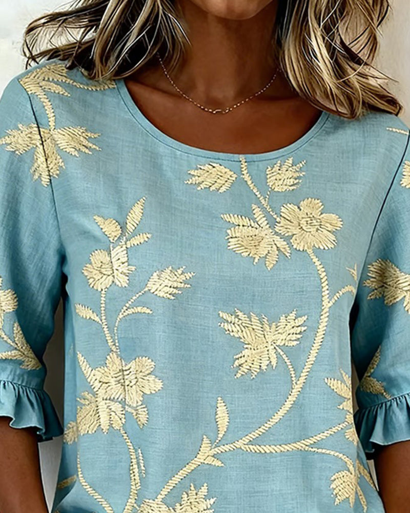 Jasmine Ruffle Round Neck Mid-Sleeve Blouse