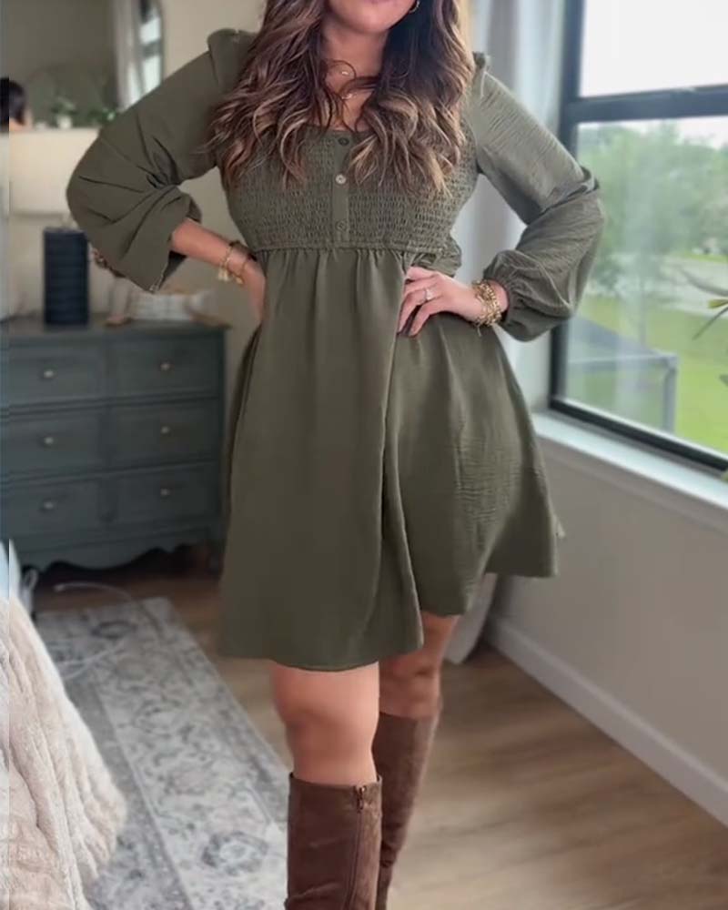 Casual Solid Color U-Neck Long-Sleeved Dress