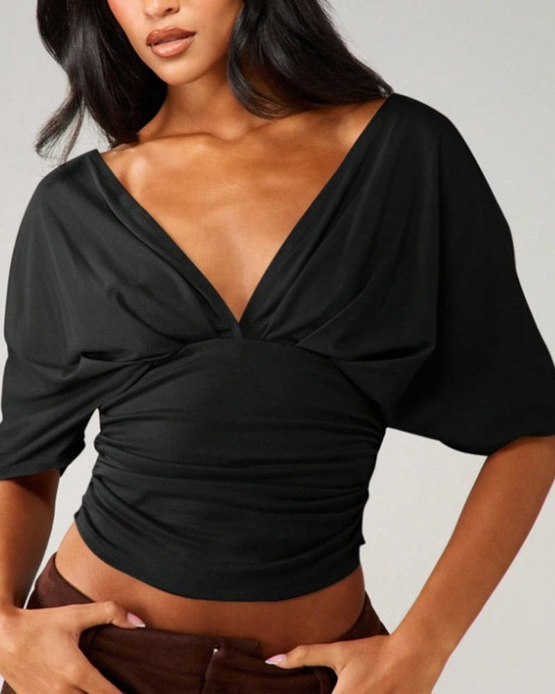 V-Neck Batwing Sleeve Waist Tie Top