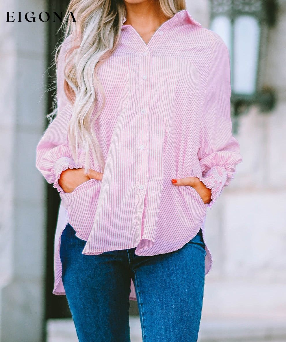 Pink Smocked Cuffed Striped Boyfriend Shirt with Pocket All In Stock button down womens clothes Color Pink Craft Smocked DL Exclusive Early Fall Collection long sleeve shirts long sleeve top Occasion Daily Print Stripe Season Spring Stripe tops Style Modern tops