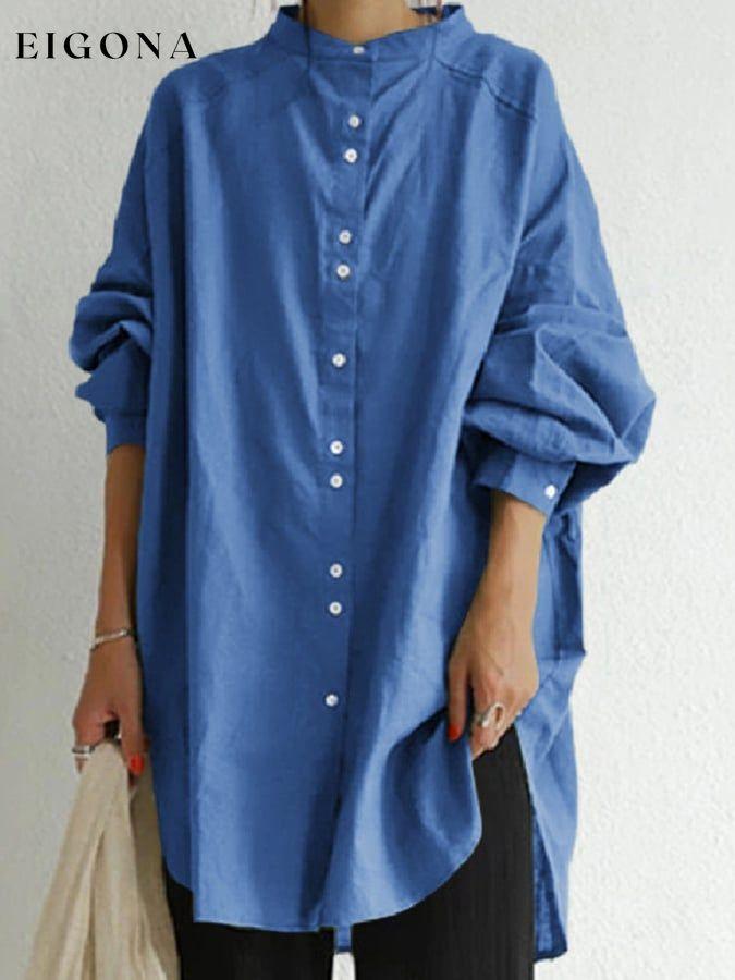 Stand Collar Contrast Button Loose Long Sleeve Casual Shirt cotton linens
