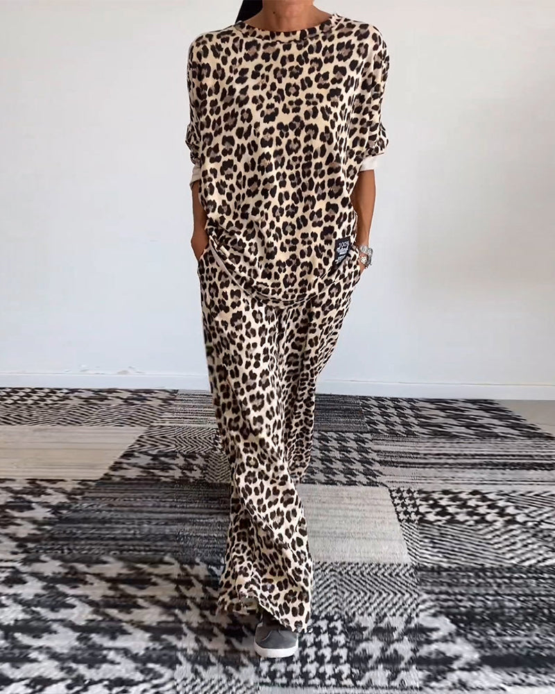 Casual leopard print crew neck pocket top wide leg pants set 2024 f/w two-piece sets