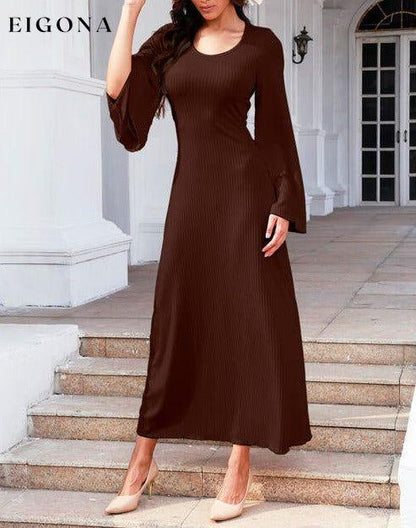 Tie Back Ribbed Round Neck Long Sleeve Dress Chocolate casual dresses clothes dresses long sleeve dress long sleeve dresses maxi dress Ship From Overseas Y&M