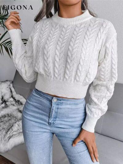 Cable-Knit Round Neck Cropped Sweater White Clothes Ship From Overseas Y*X