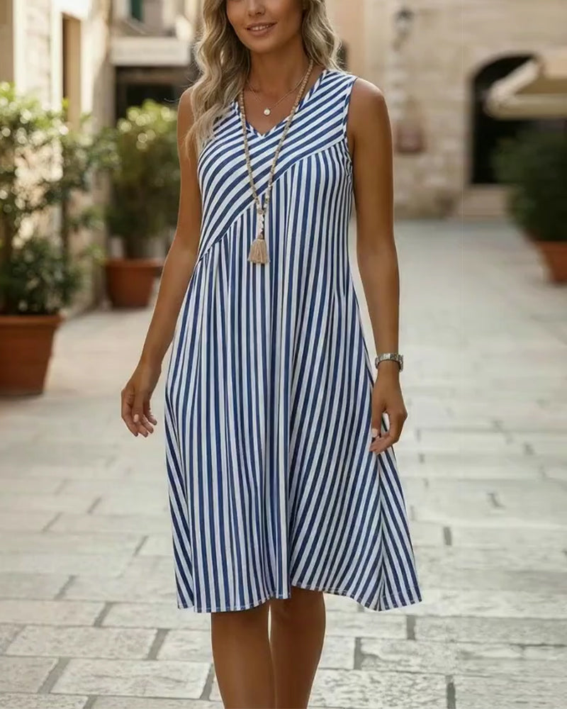 Striped V-Neck Sleeveless Dress