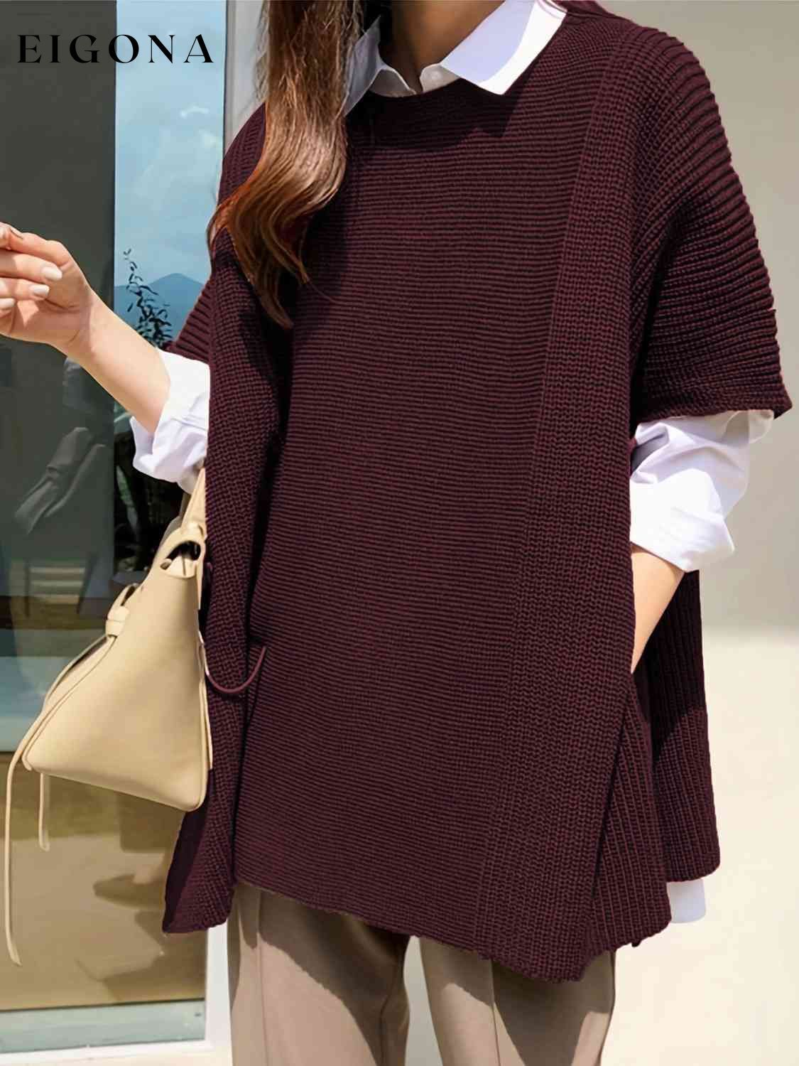 Plus Size Round Neck Slit Short Sleeve Sweater Wine clothes M@Z@L Ship From Overseas