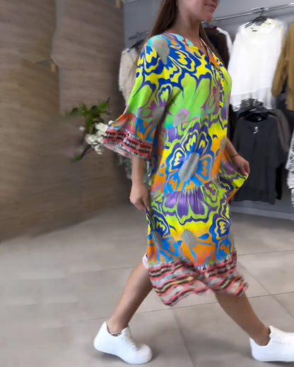 Abito casual bohémien stampato con scollo a V