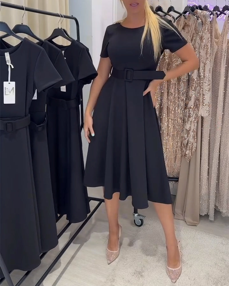 Round Neck Short Sleeve Waist-Defined A-Line Dress