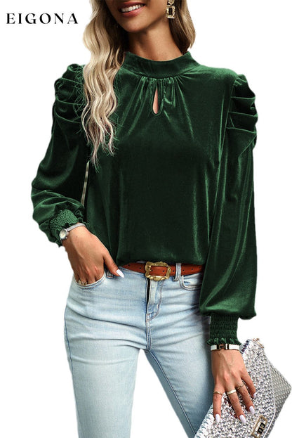 Blackish Green Mock Neck Puff Sleeve Velvet Blouse clothes EDM Monthly Recomend long sleeve shirt long sleeve shirts long sleeve top long sleeve tops shirt shirts top tops