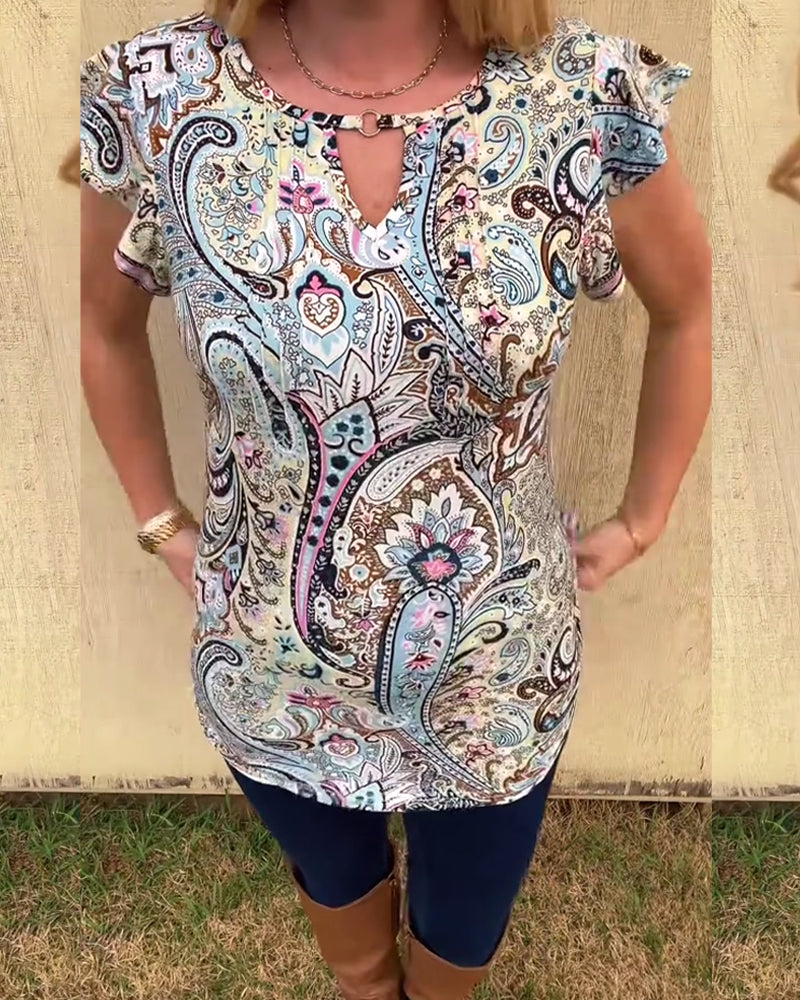 Lotus Leaf Sleeve Hollow Print Blouse