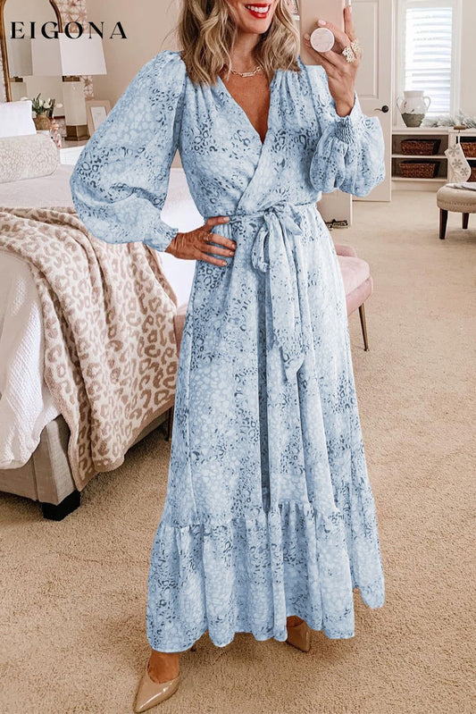 Sky Blue Printed Surplice Neck Bubble Long Sleeve Maxi Dress with Tie waist Sky Blue Printed 95%Polyester+5%Elastane All In Stock casual dress casual dresses clothes Color Blue dress dresses elegant dress evening dresses formal dress long dresses long sleeve dress long sleeve dresses maxi dress maxi dresses Occasion Wedding Print Leopard Season Spring short dresses Silhouette A-Line Style Southern Belle