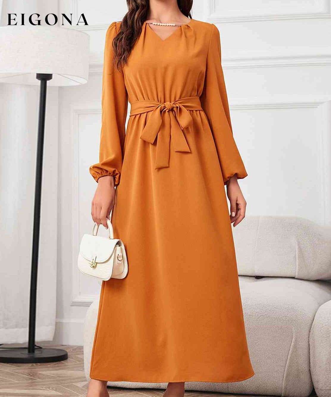 Tie Waist Puff Sleeve Maxi Dress clothes Ship From Overseas Shipping Delay 09/29/2023 - 10/03/2023 Z@Q