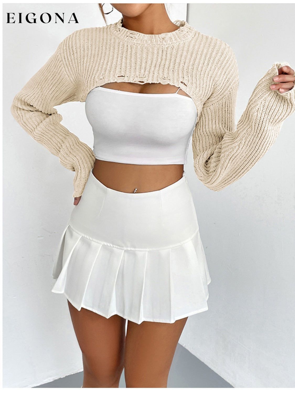 Distressed Long Sleeve Cropped Sweater Cream clothes Ship From Overseas Sweater sweaters Yh
