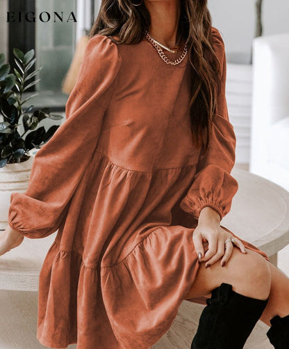 Chestnut Faux Suede Tiered Babydoll Dress All In Stock casual dress casual dresses clothes dress long sleeve dress long sleeve dresses Occasion Daily Print Solid Color short dresses Silhouette A-Line Style Western