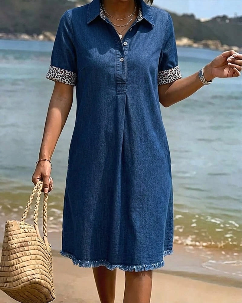 Leopard Patchwork Lapel Short Sleeve Dress