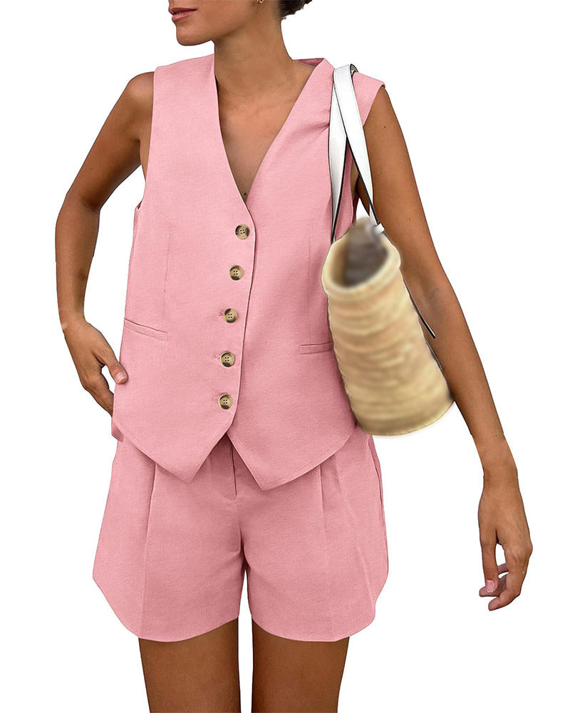 V-Neck Single-Breasted Tank Top Short Set